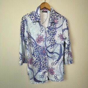 David Cline Button Up Shirt Womens Large Blue Purple Mixed Print Rhinestone Good